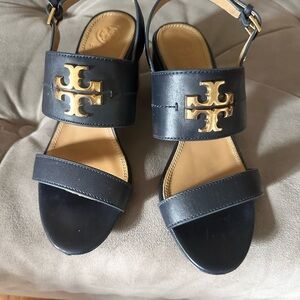 Tory Burch Dark Blue Sandals with Gold Accents